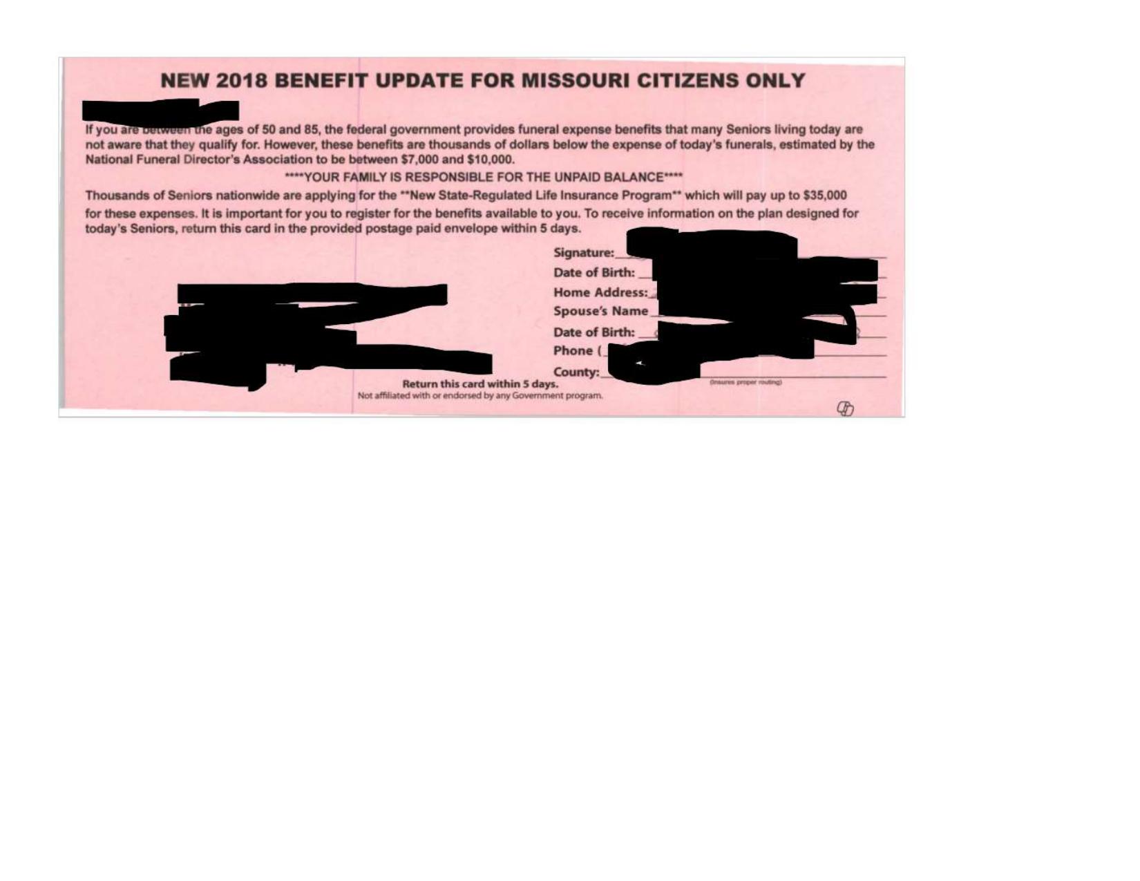 2018 Final Expense benefit update mailer with reply form