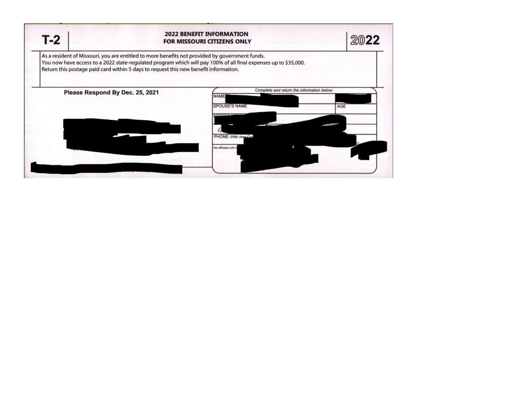2022 Final Expense direct mail piece with postage-paid reply card