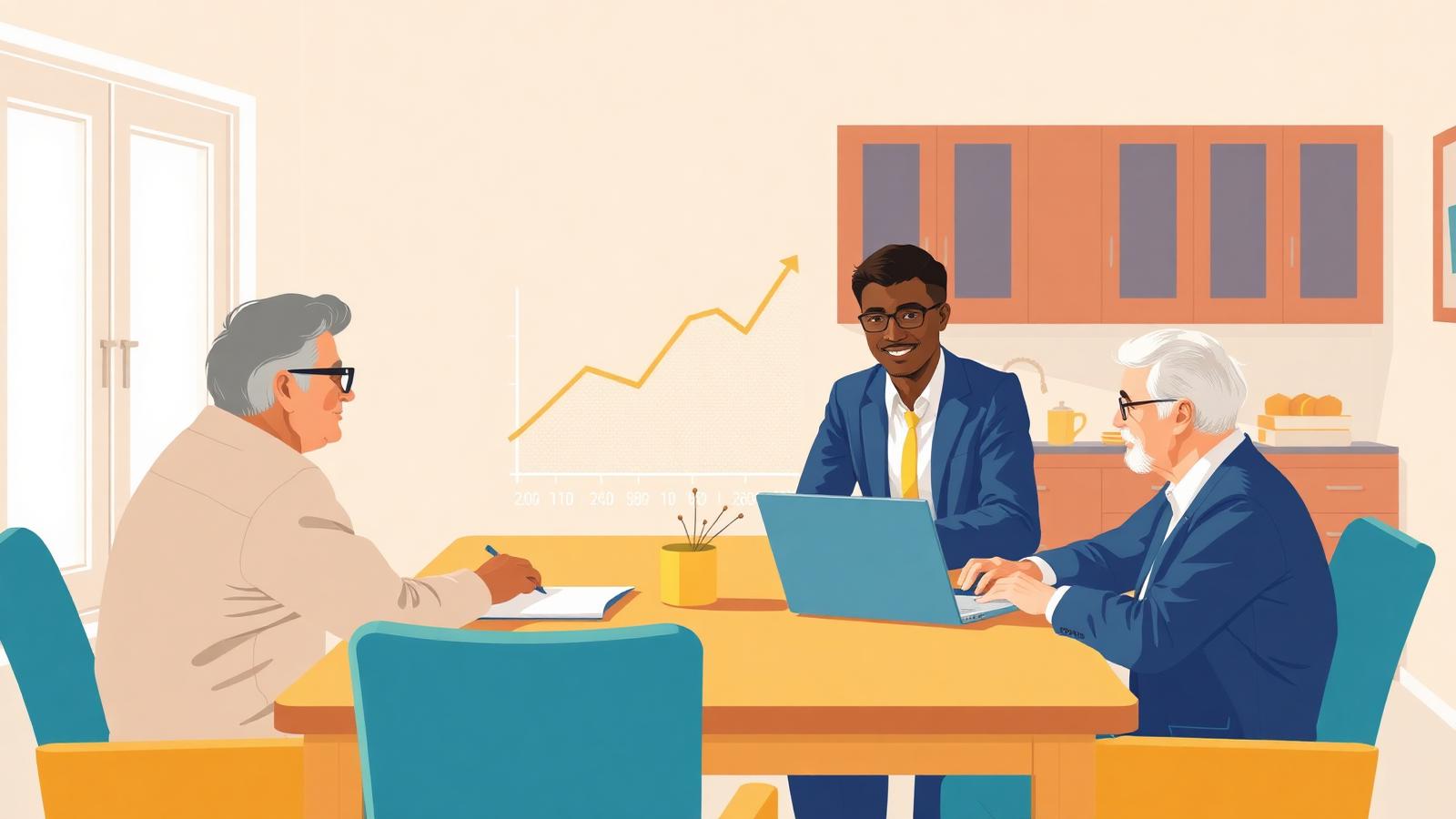 Life insurance agent meeting with clients at their kitchen table with an income growth chart in the background